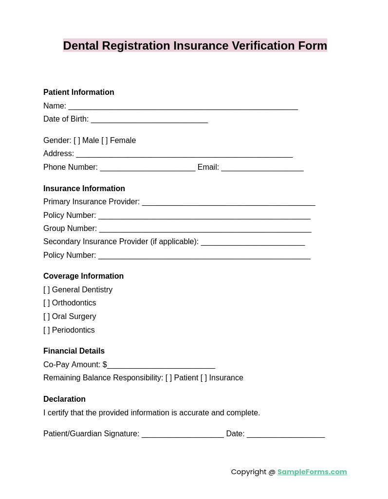 dental registration insurance verification form