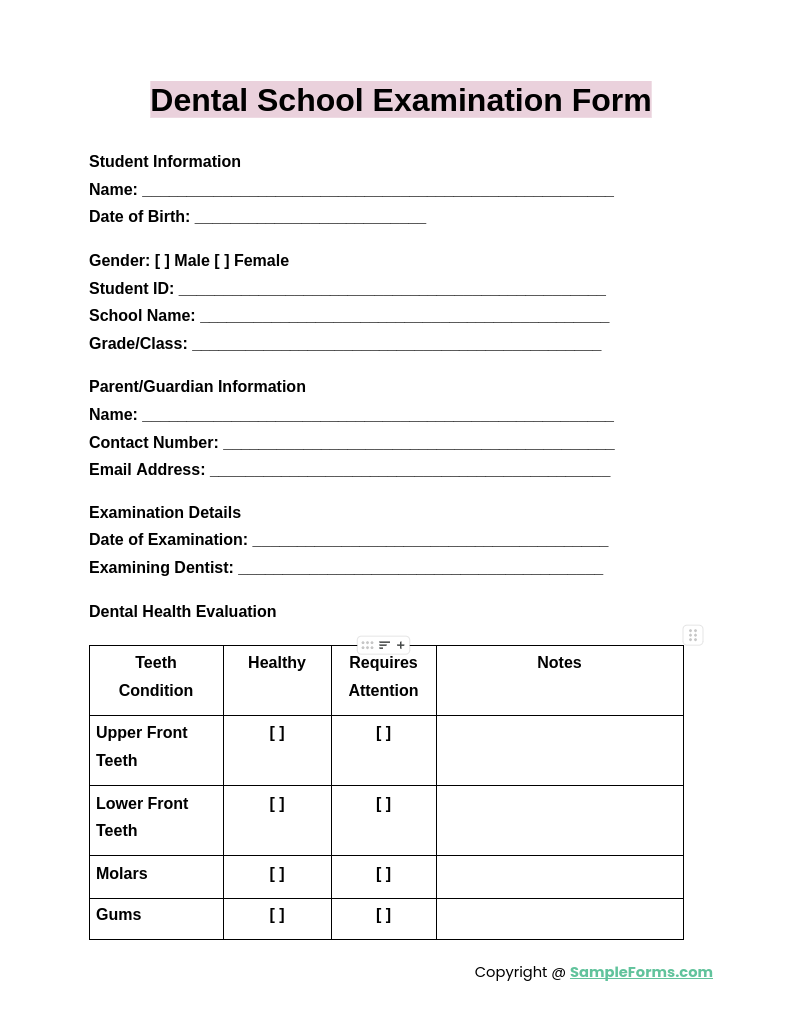 dental school examination form