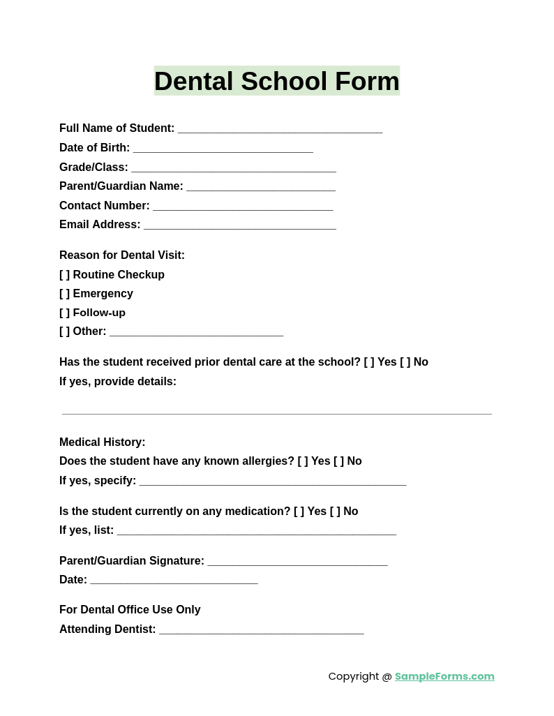 dental school form