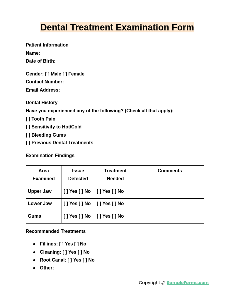 dental treatment examination form