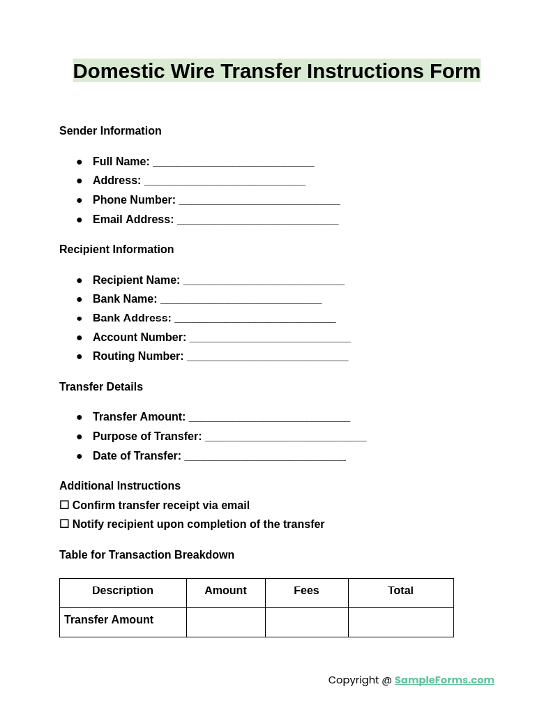 domestic wire transfer instructions form