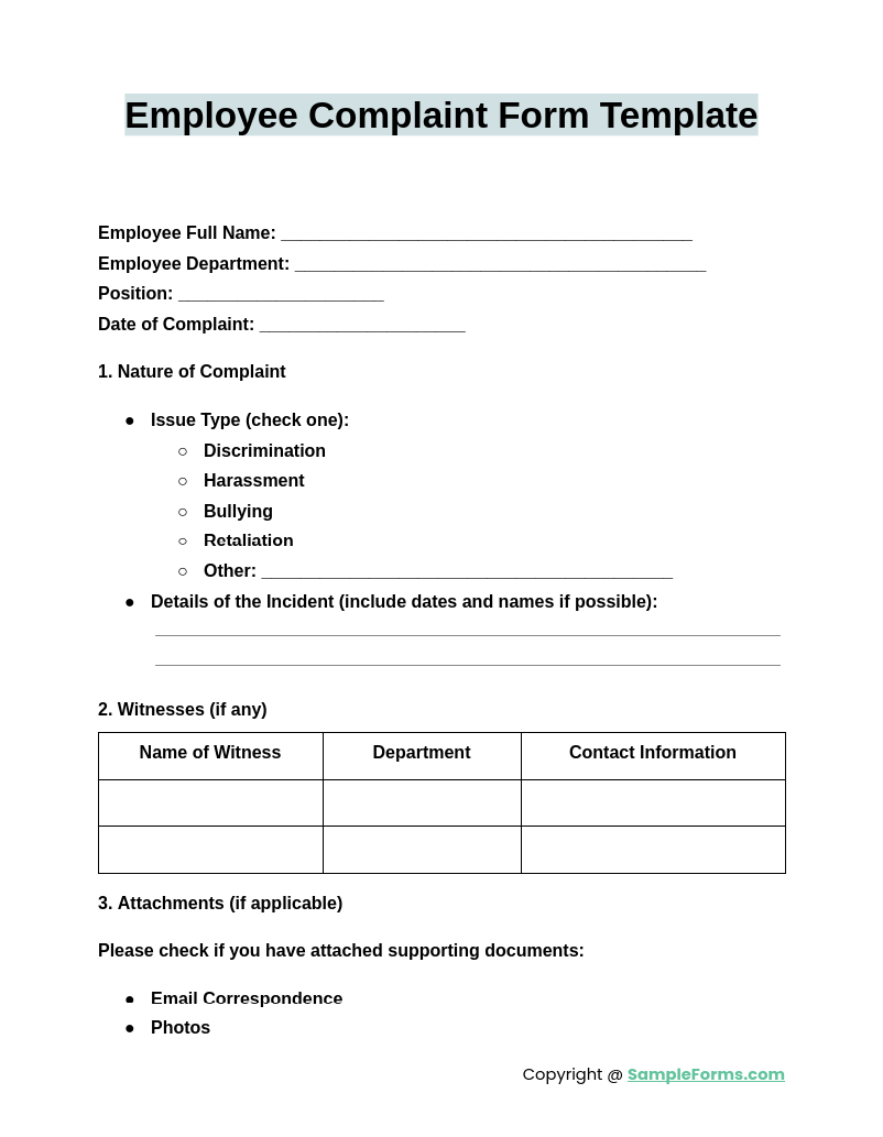 employee complaint form template