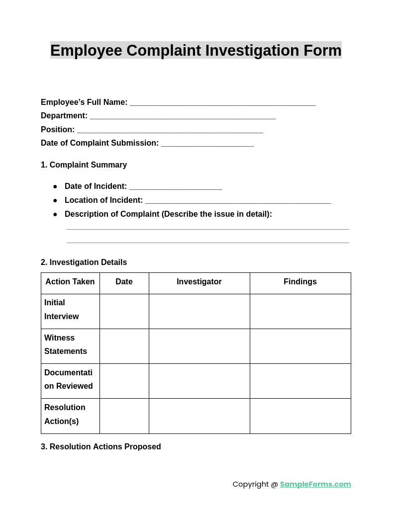 employee complaint investigation form