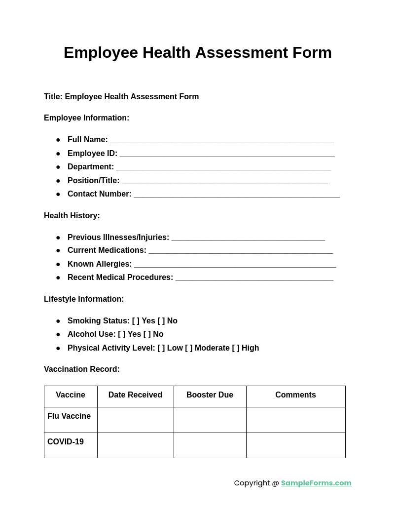 employee health assessment form