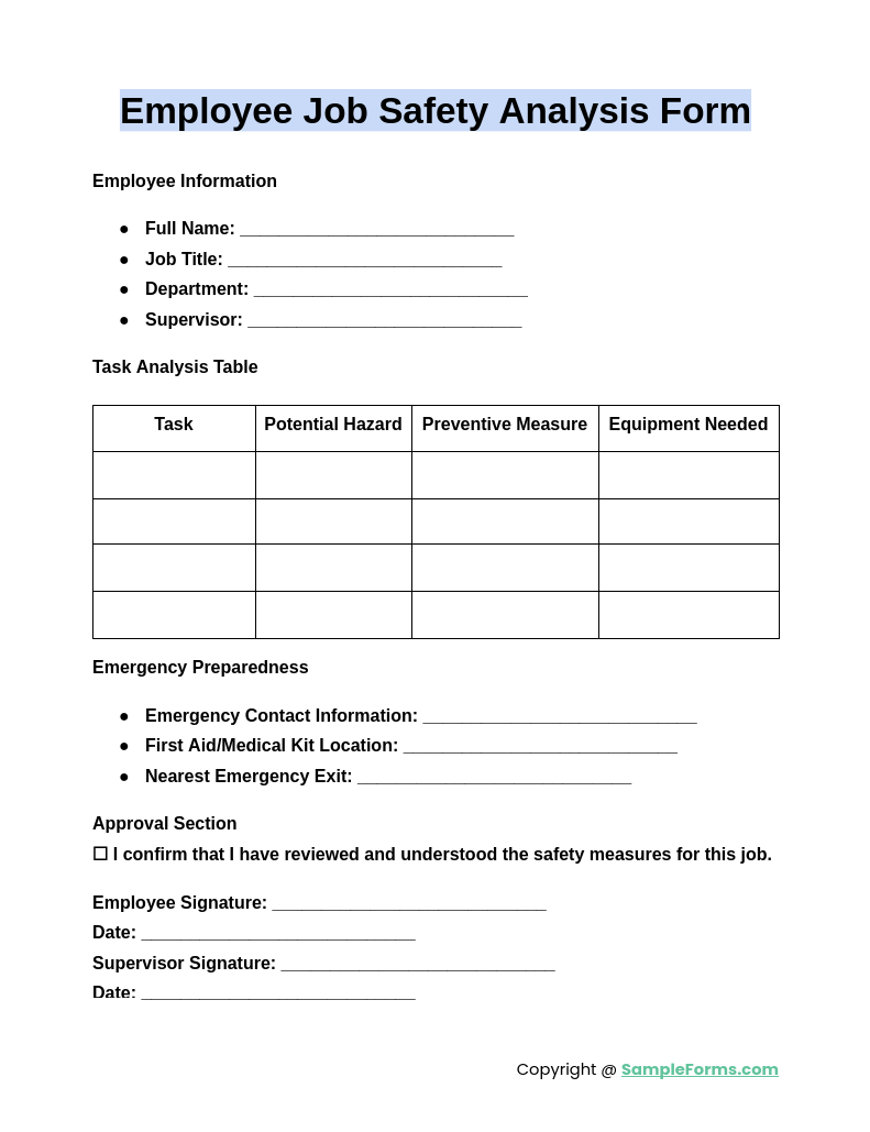 employee job safety analysis form