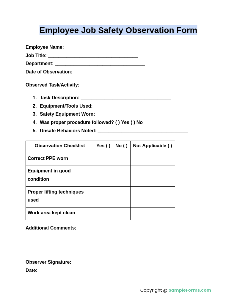 employee job safety observation form