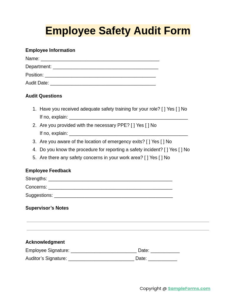 employee safety audit form