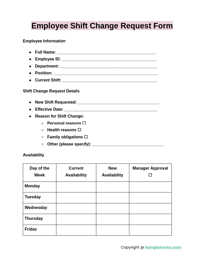 employee shift change request form