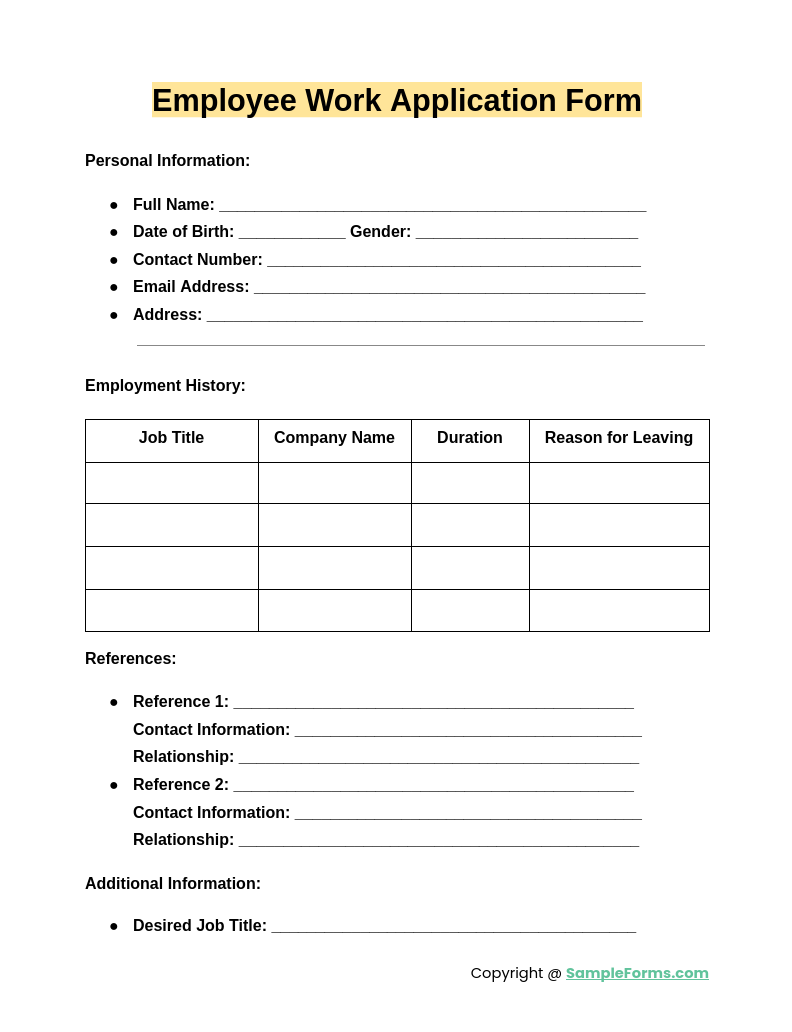 employee work application form