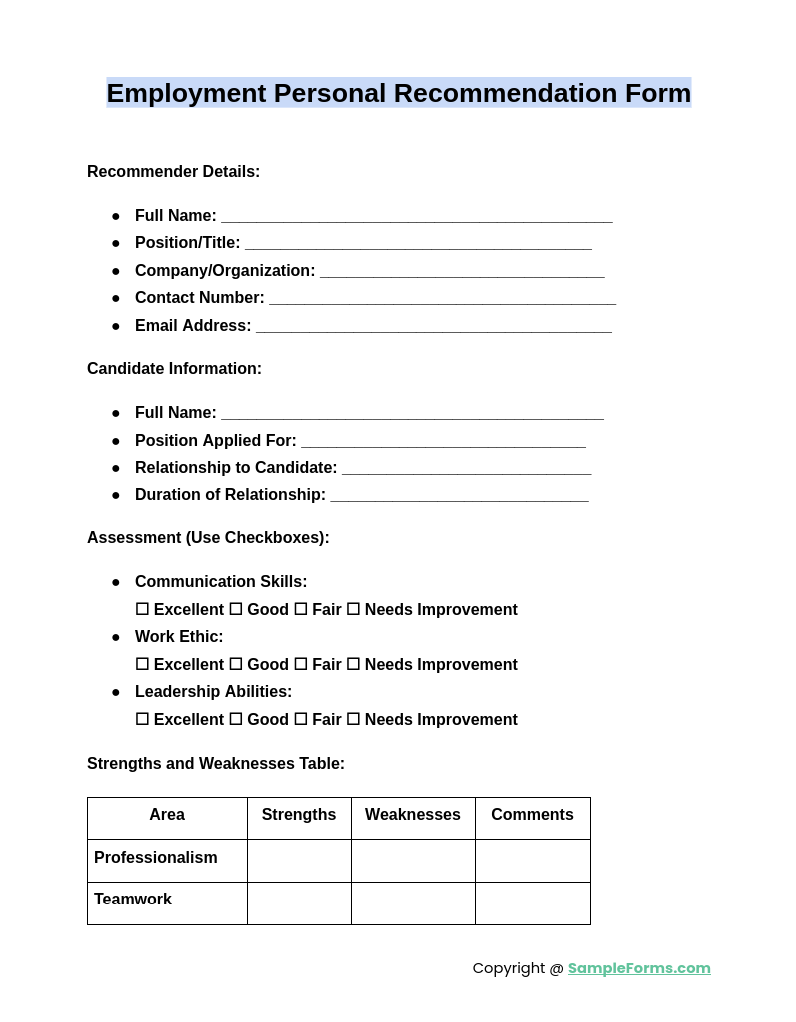 employment personal recommendation form