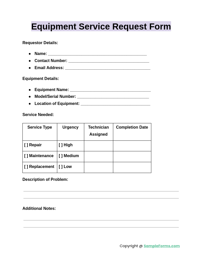 equipment service request form