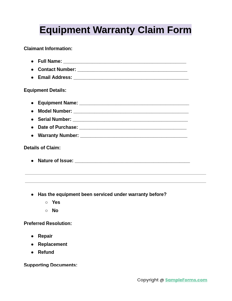 equipment warranty claim form