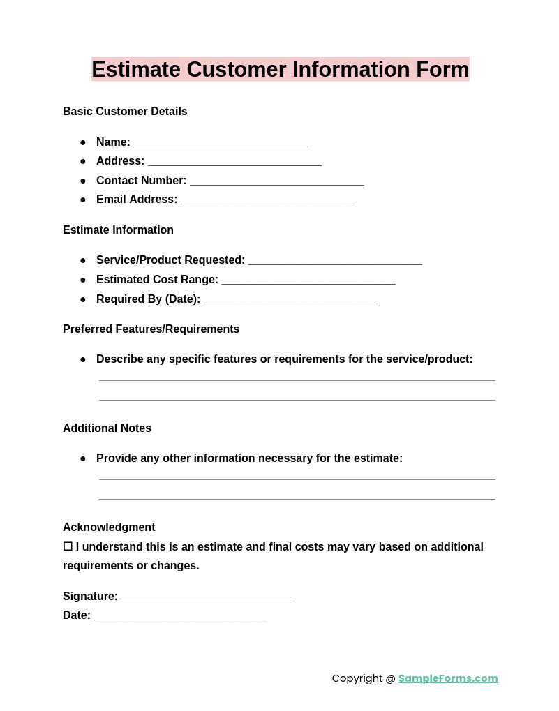 estimate customer information form