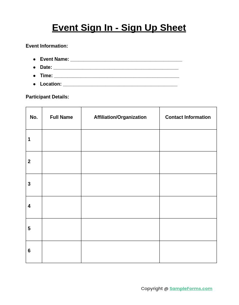 event sign in sign up sheet