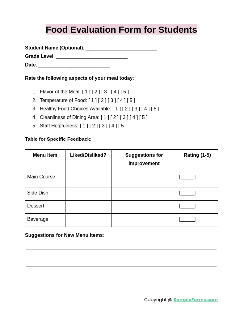 food evaluation form for students