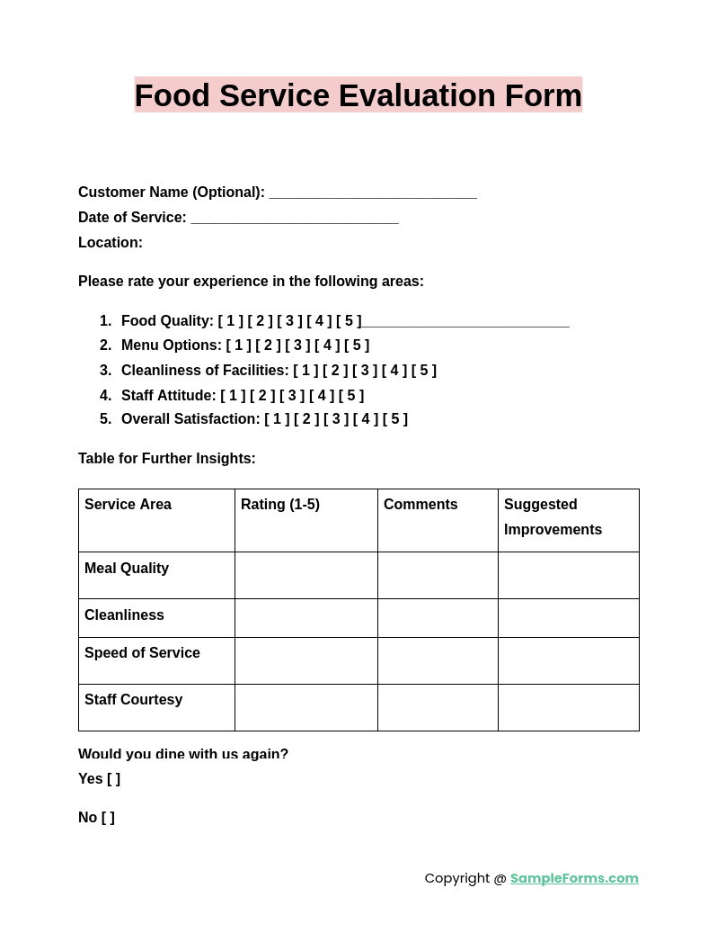 food service evaluation form