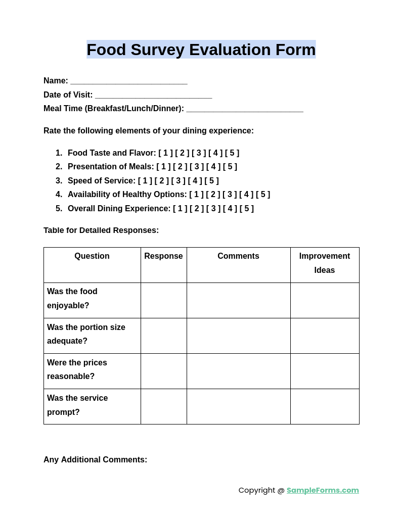 food survey evaluation form