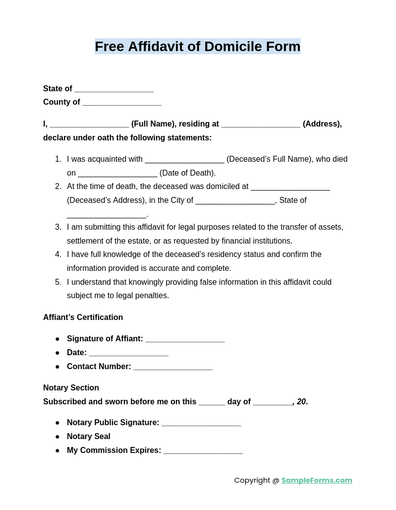 free affidavit of domicile form