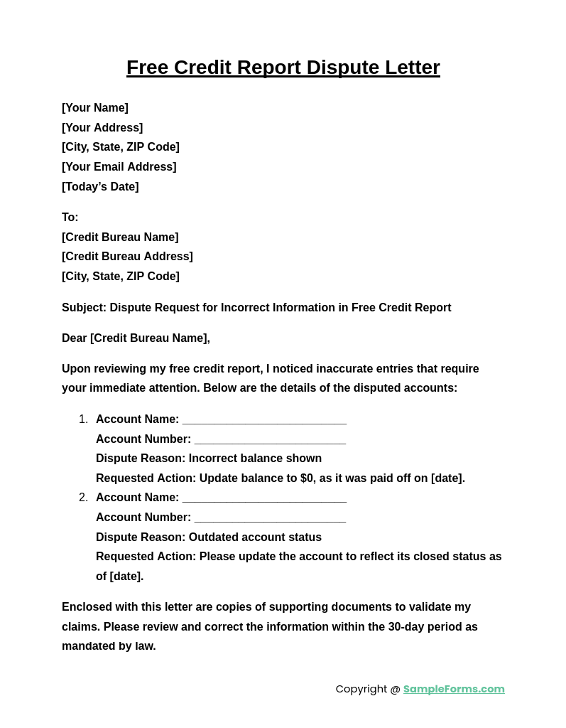 free credit report dispute letter