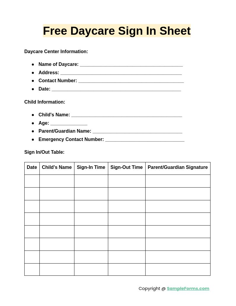 free daycare sign in sheet