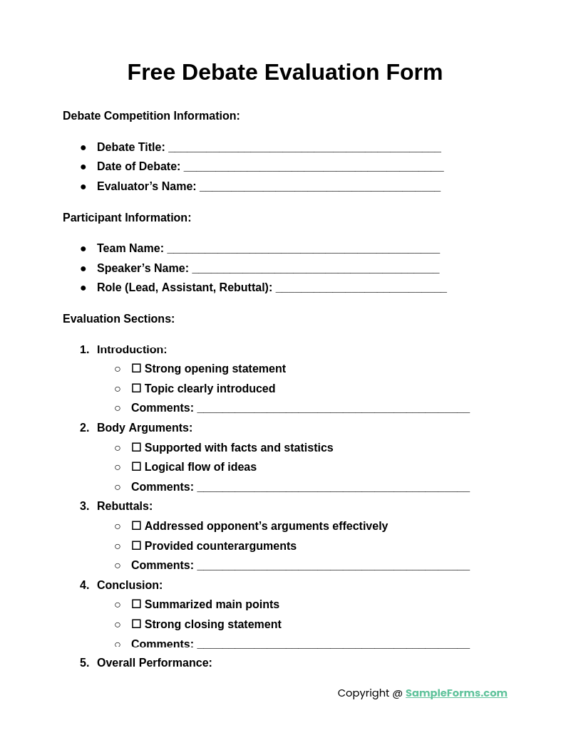 free debate evaluation form