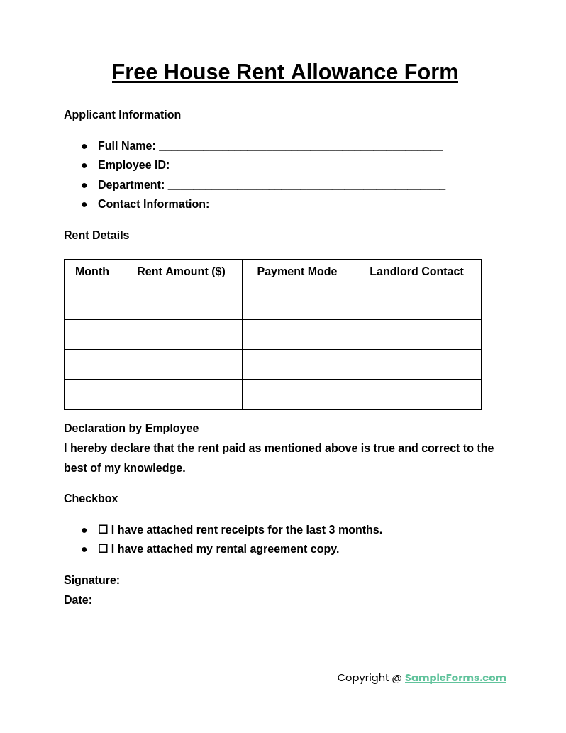 free house rent allowance form