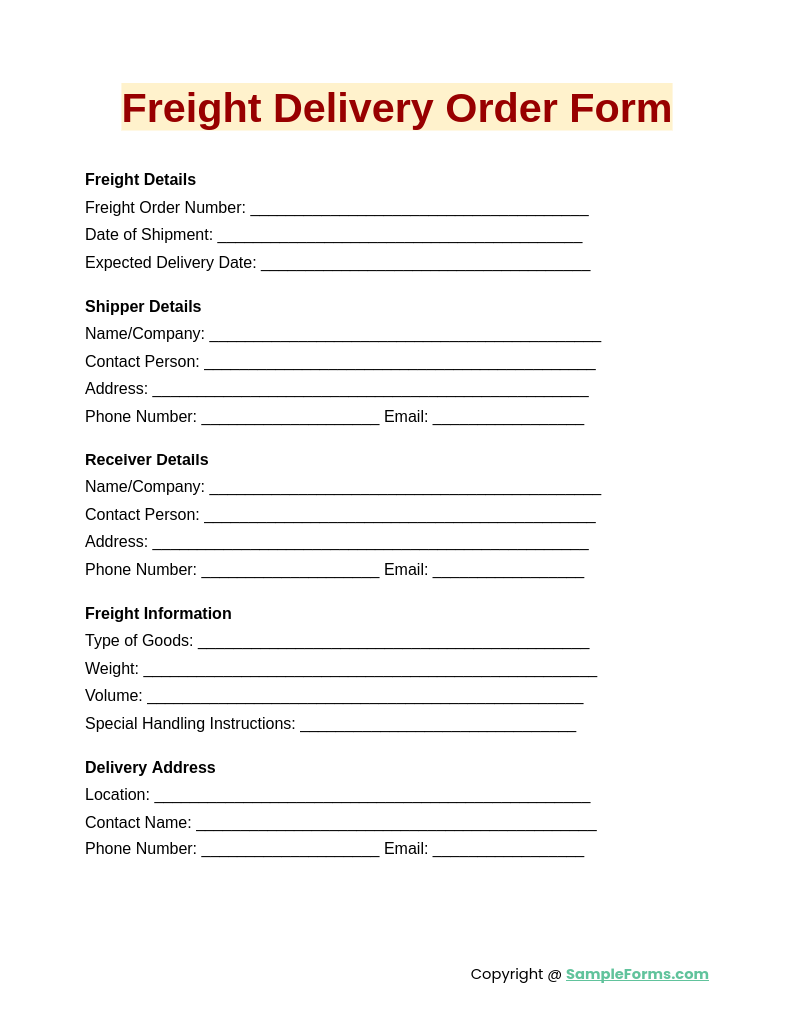 freight delivery order form