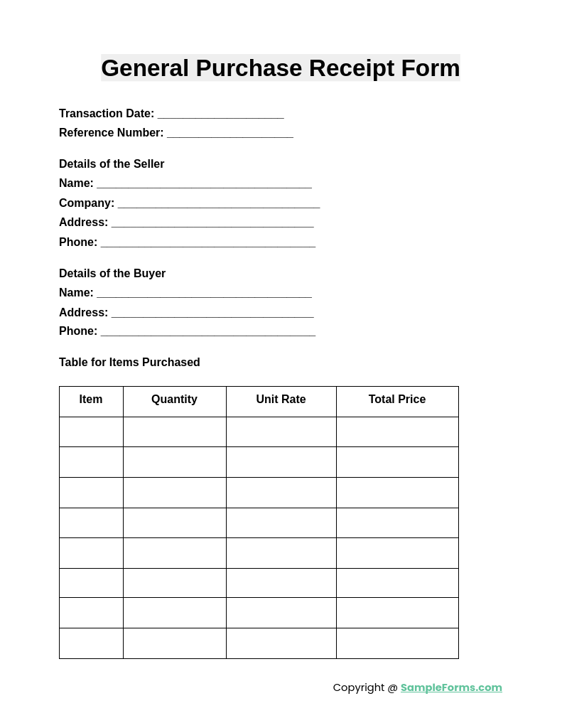 general purchase receipt form