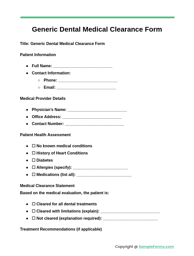 generic dental medical clearance form