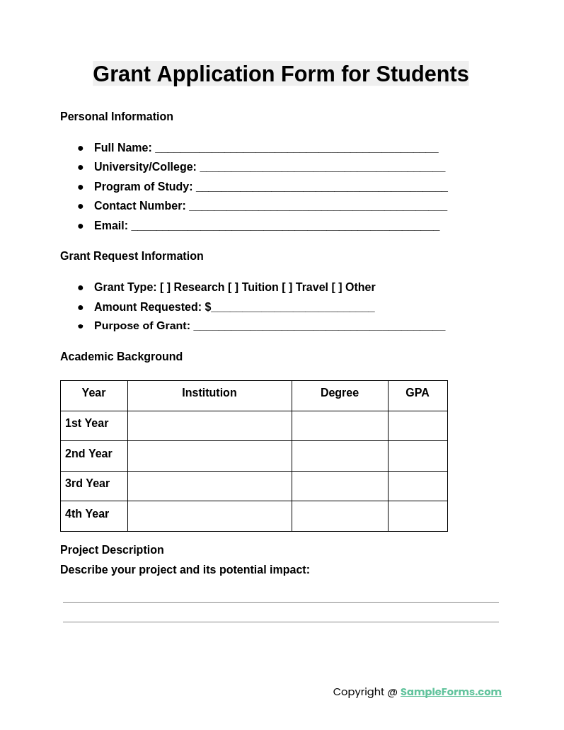 grant application form for students