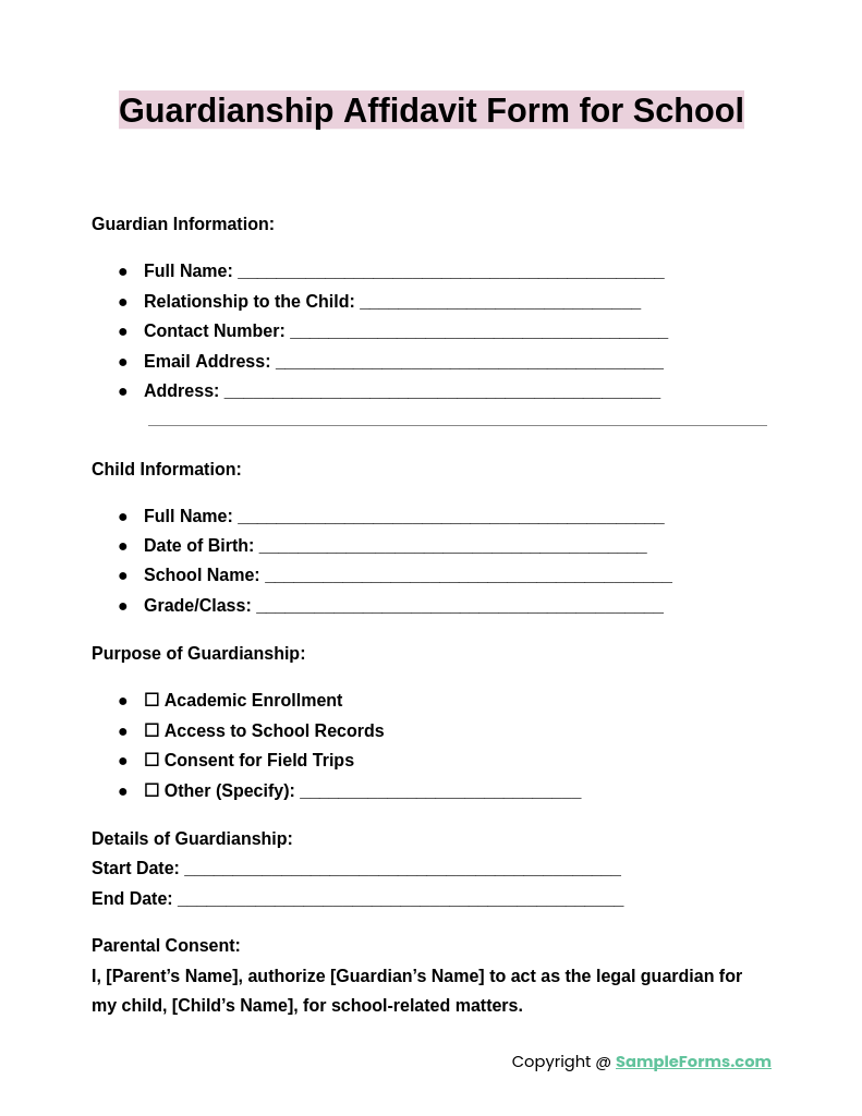 guardianship affidavit form for school