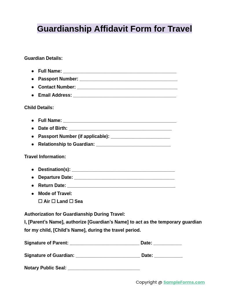 guardianship affidavit form for travel