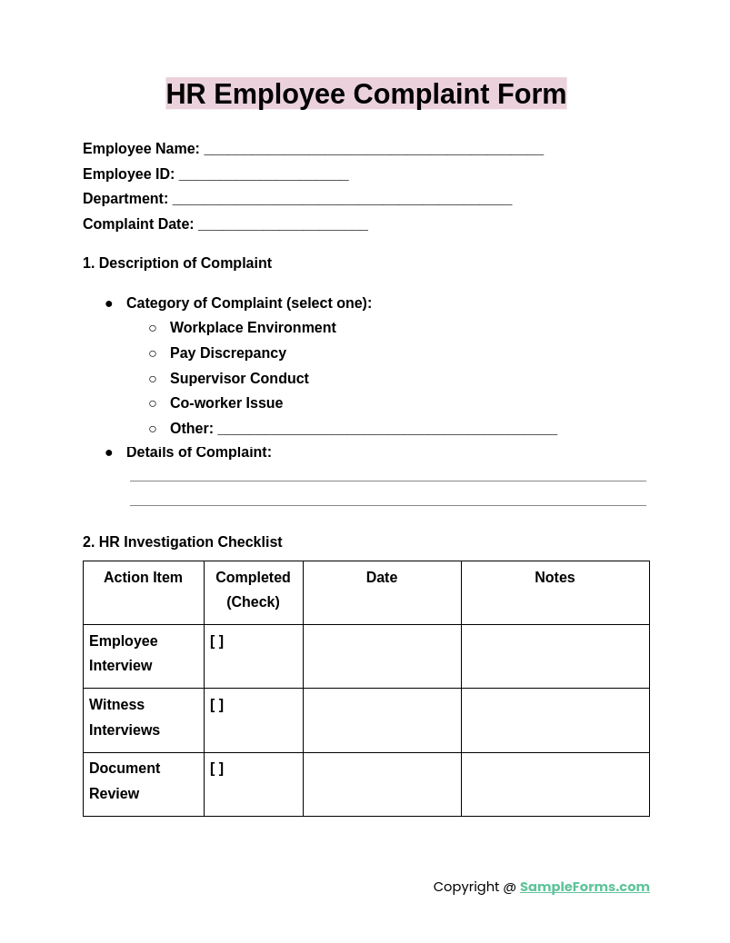 hr employee complaint form