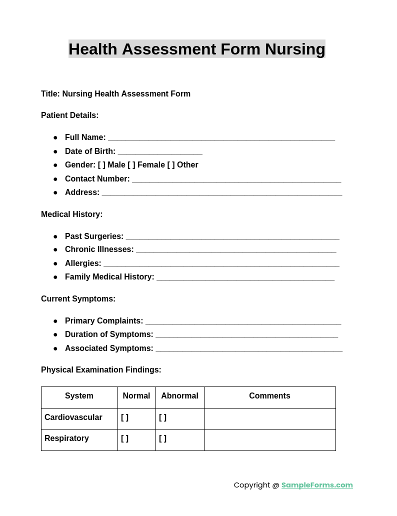 health assessment form nursing