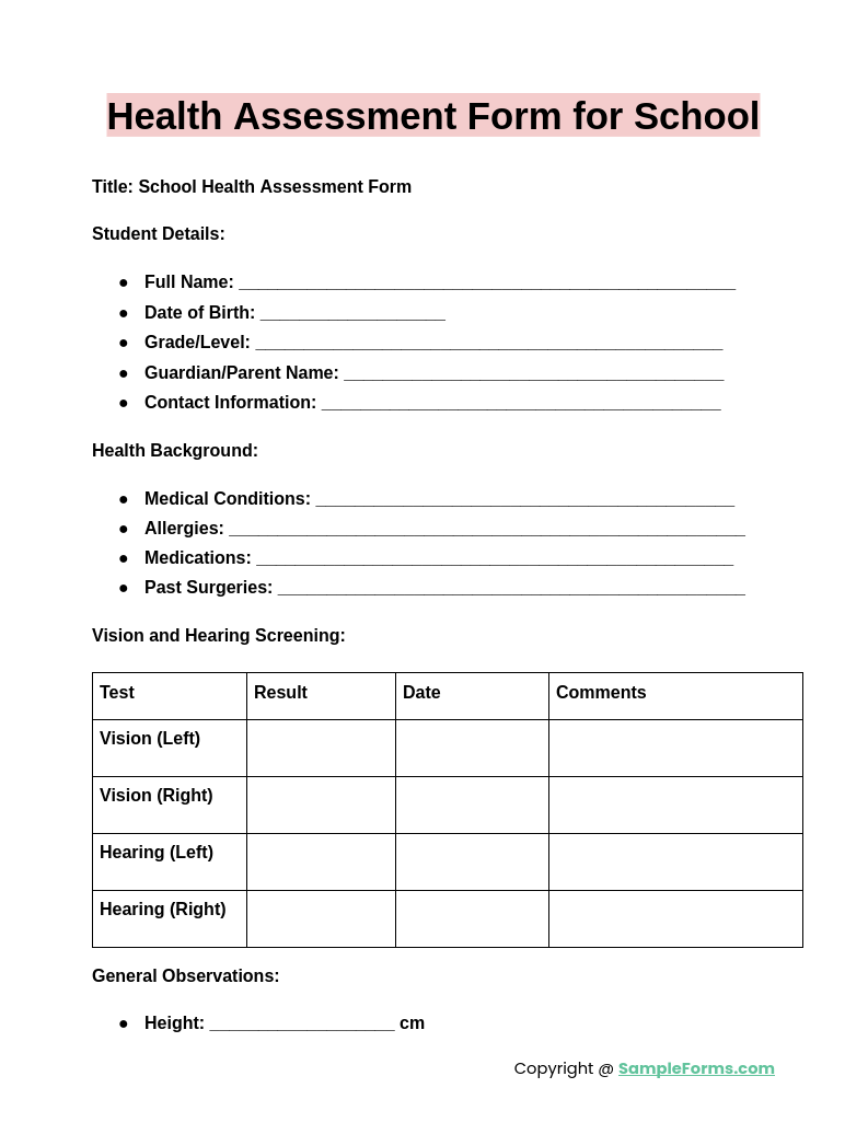 health assessment form for school