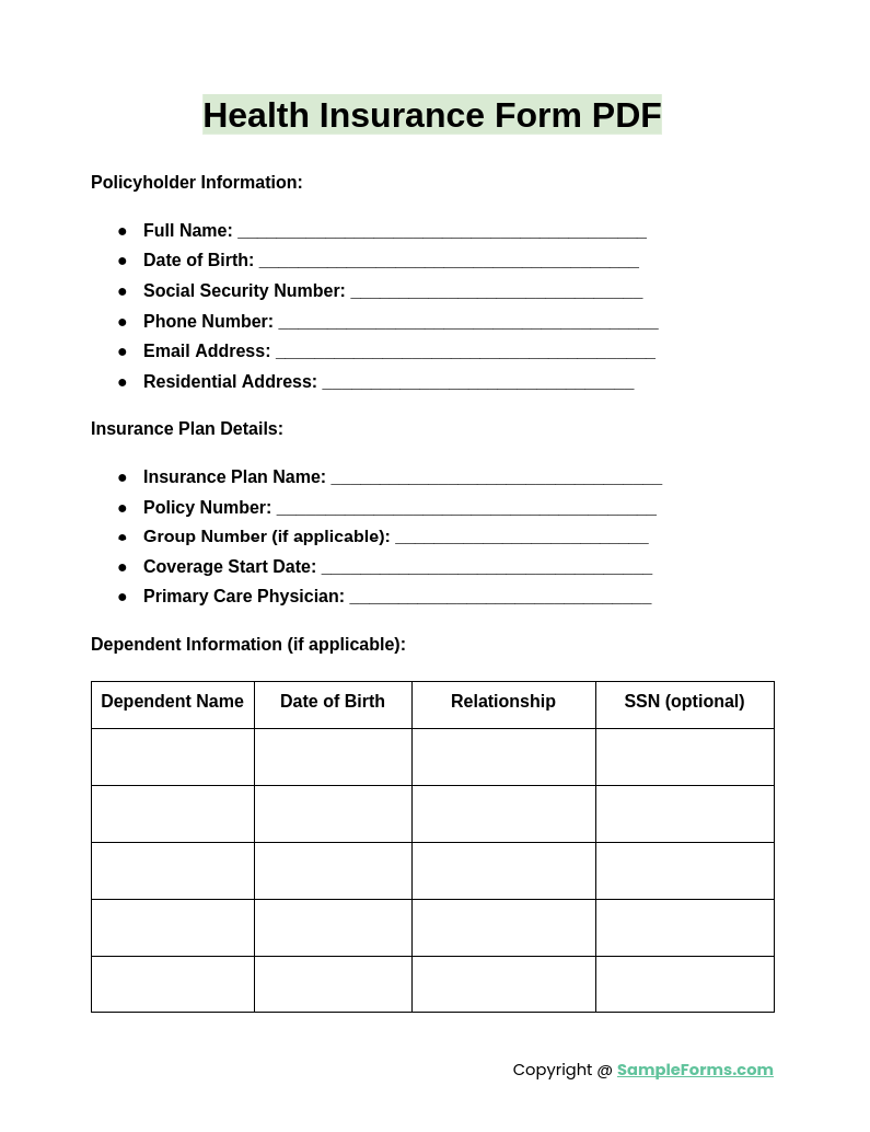 health insurance form pdf