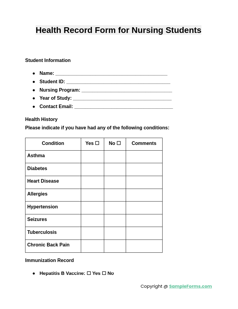 health record form for nursing students