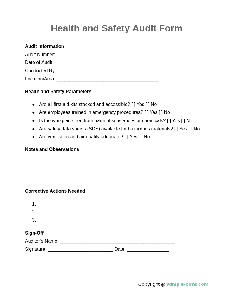 health and safety audit form