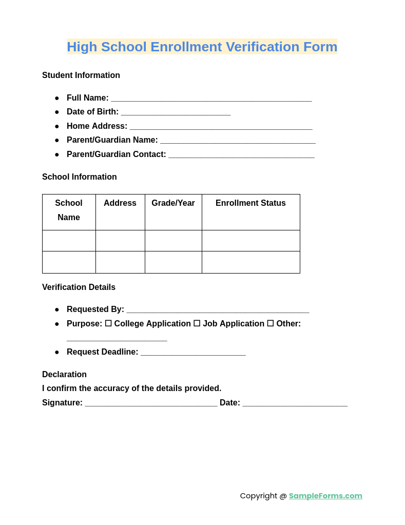 high school enrollment verification form