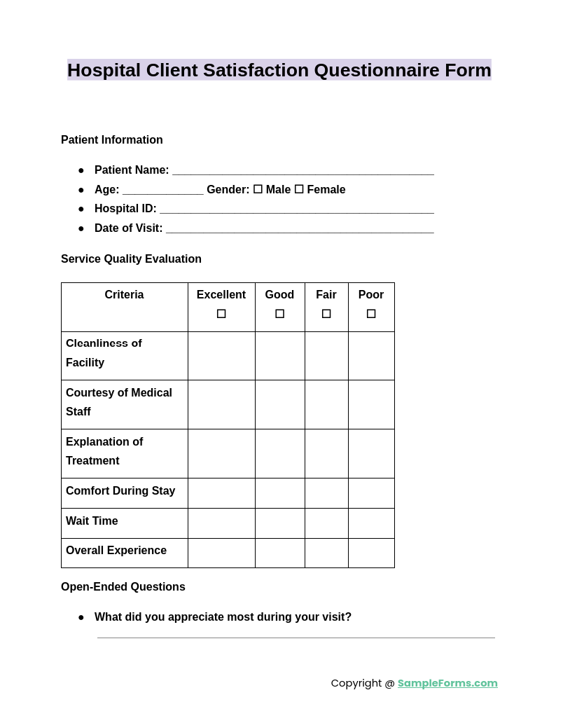 hospital client satisfaction questionnaire form