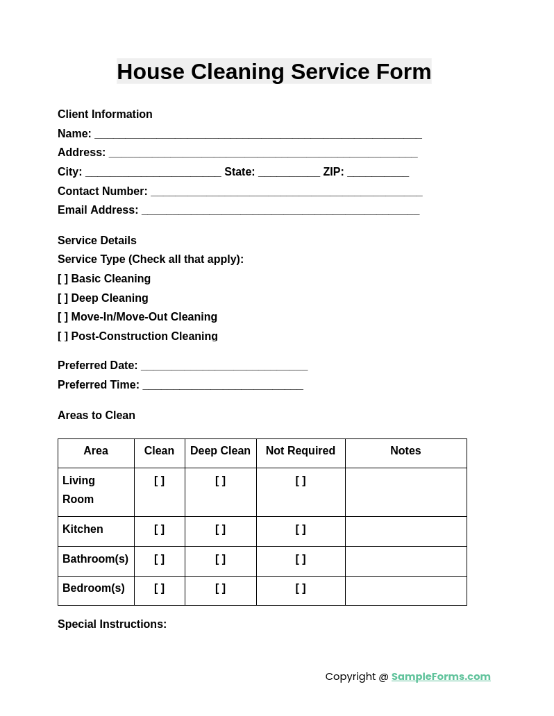 house cleaning service form