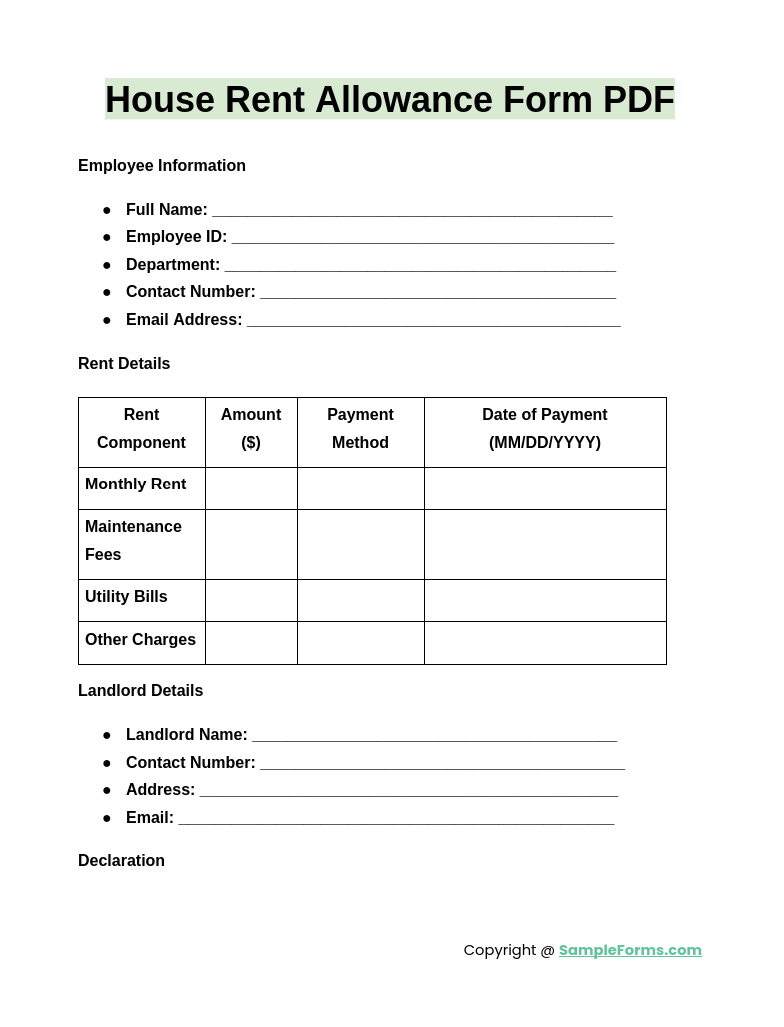 house rent allowance form pdf