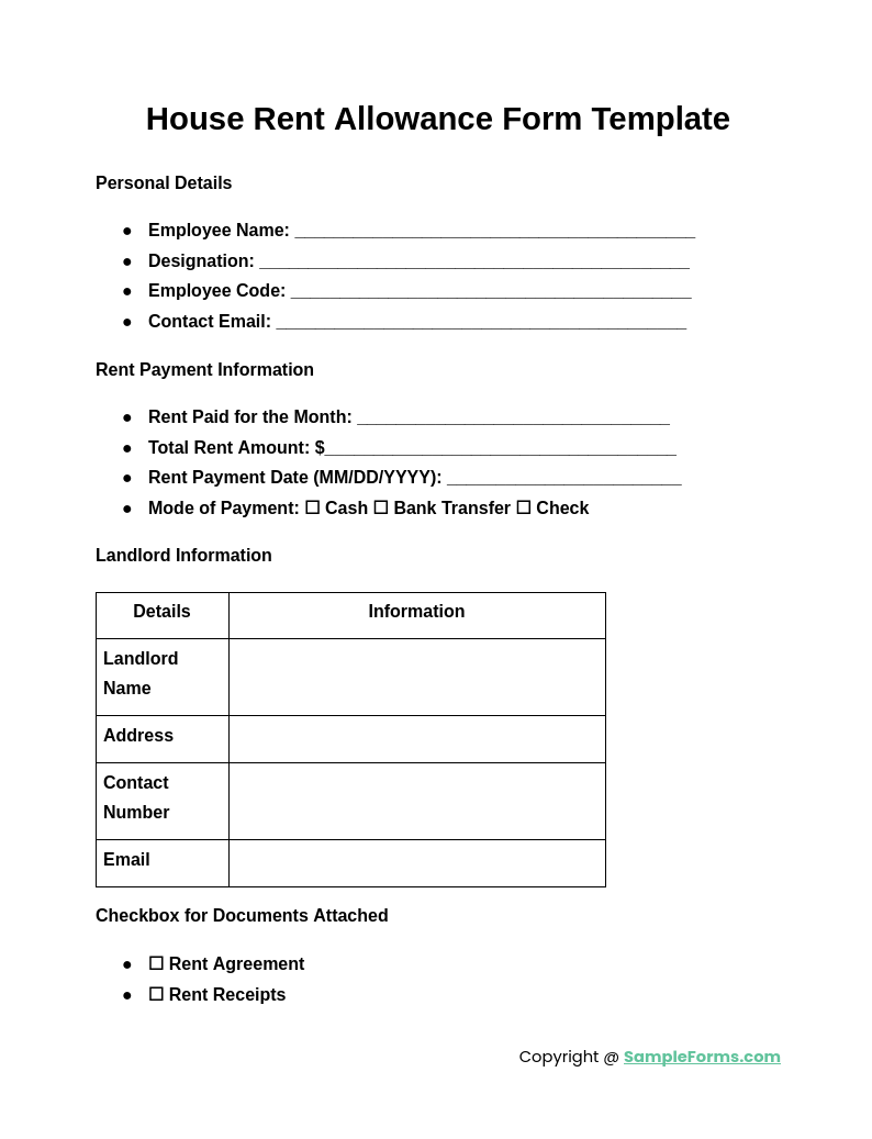 house rent allowance form template