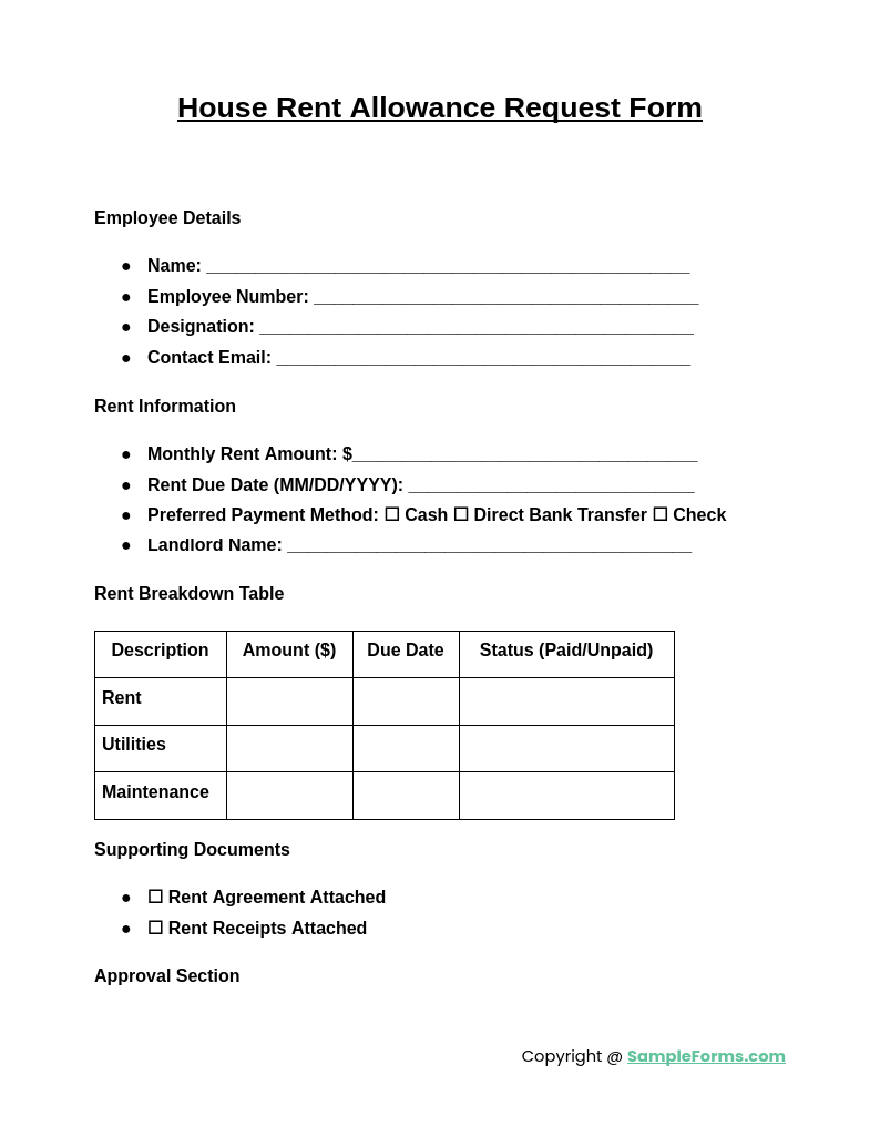 house rent allowance request form