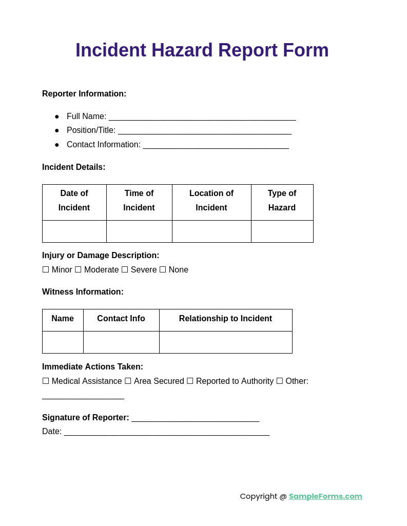 incident hazard report form