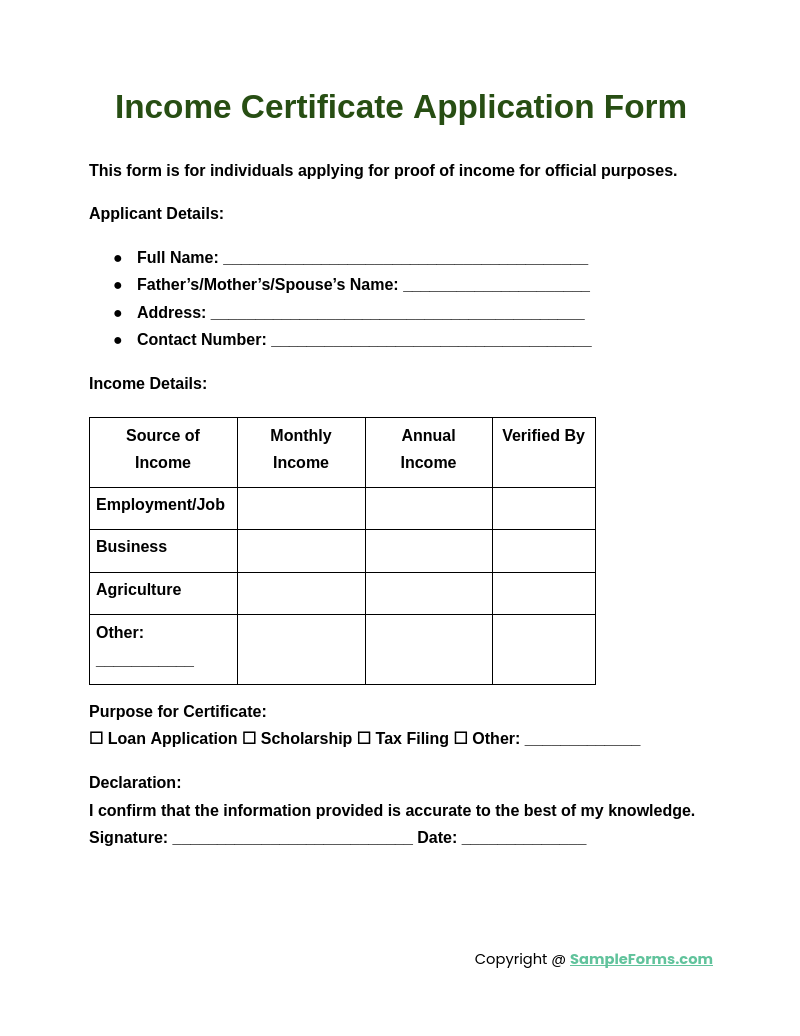 income certificate application form