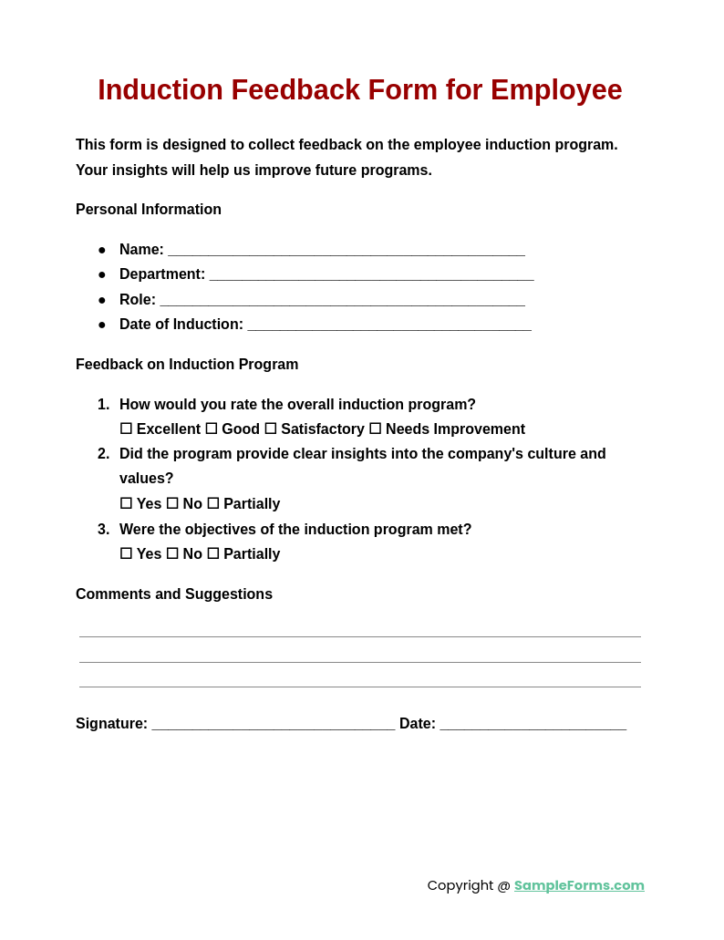 induction feedback form for employee