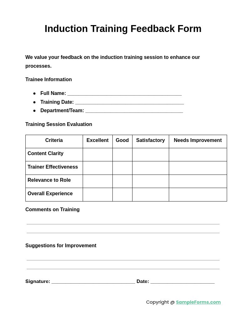 induction training feedback form