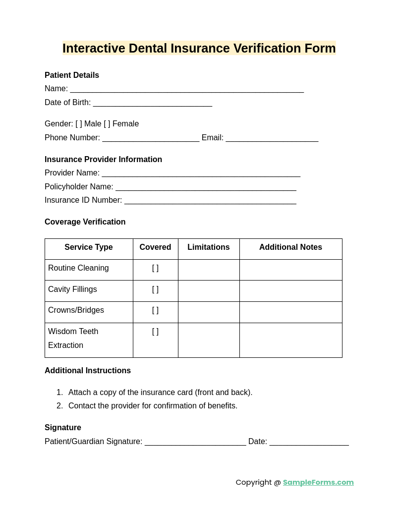 interactive dental insurance verification form