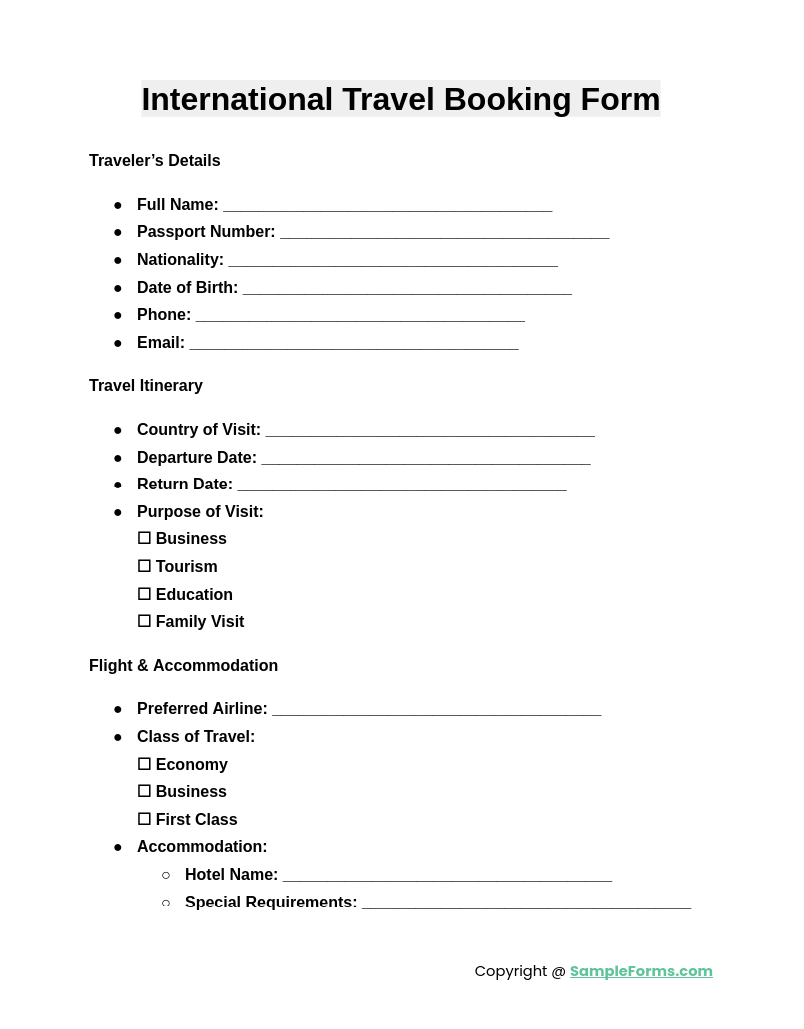 international travel booking form